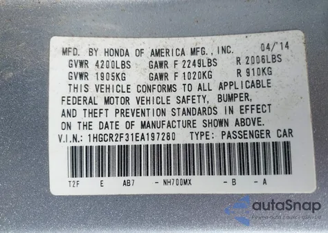 2014 Honda Accord Lx from USA, damaged, VIN 1HGCR2F31EA197280